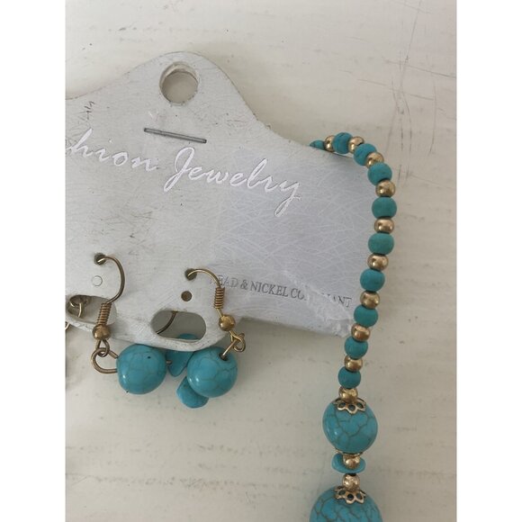Fashion Jewelry Turquoise & Gold Beaded Necklace & Earrings Set - Picture 2 of 3